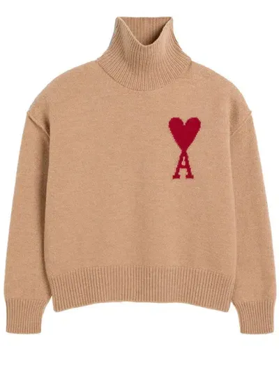 Ami Alexandre Mattiussi Ami De Coeur Wool Jumper In Camel/ Red