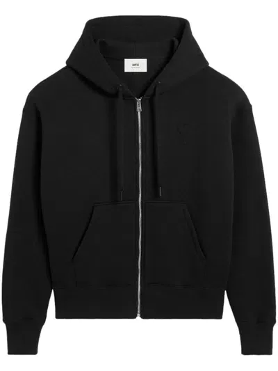 Ami Alexandre Mattiussi Ami De Coeur Zipped Cotton Hoodie In Black