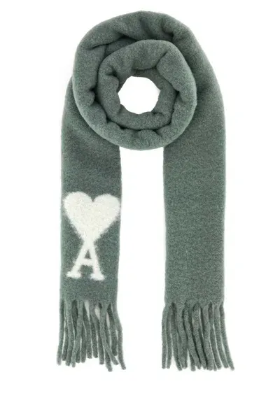 Ami Alexandre Mattiussi Ami Paris Ami De Coeur Logo Detailed Fringed Scarf In Green