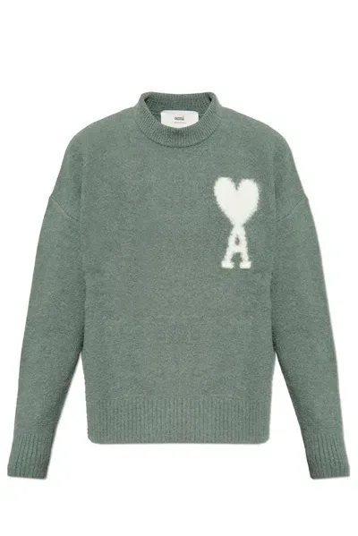 Ami Alexandre Mattiussi Ami Paris Ami De Coeur Logo Detailed Knitted Jumper In Green