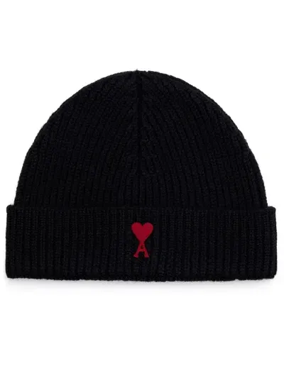 Ami Alexandre Mattiussi Ami Paris Ami De Coeur Wool Beanie In Black