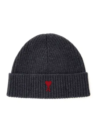 Ami Alexandre Mattiussi Ami Paris Ami De Coeur Wool Beanie In Grey