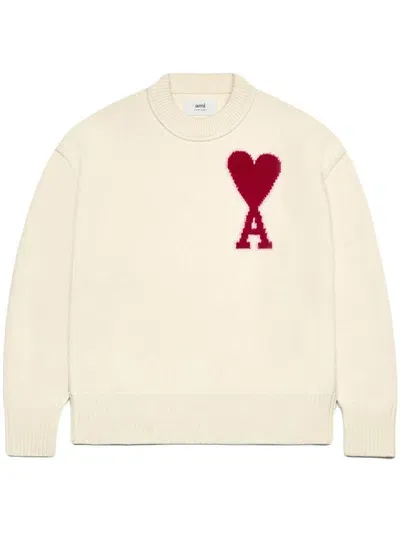 Ami Alexandre Mattiussi Ami Paris De Coeur Intarsia-knit Wool Jumper In Off White/red