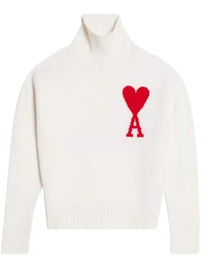 Ami Alexandre Mattiussi Ami Paris  De Coeur Roll-neck Wool Jumper In Off White/red