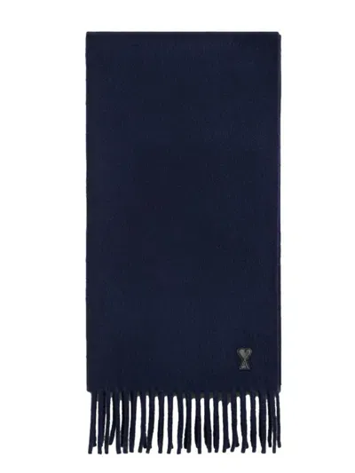 Ami Alexandre Mattiussi Ami Paris De Coeur Wool Scarf In Navy Blue