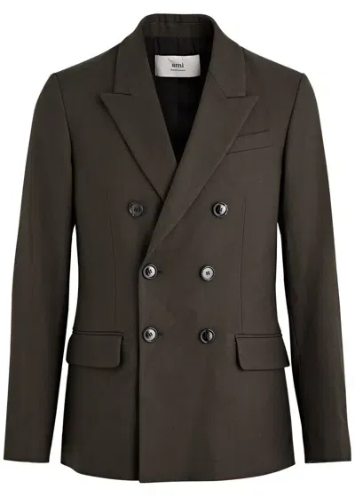 Ami Alexandre Mattiussi Double Breasted Wool Gabardine Blazer In Dark Coffee