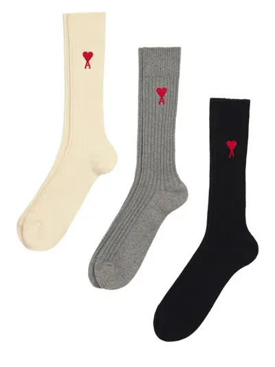 Ami Alexandre Mattiussi Ami Paris Logo-embroidered Socks (set Of Three) In Off White/grey/black