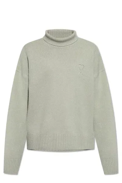 Ami Alexandre Mattiussi Ami Paris Logo Embroidered Turtleneck Jumper In Green