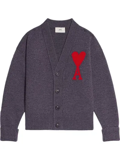 Ami Alexandre Mattiussi Ami Paris Logo-intarsia Wool Cardigan In Grey/red