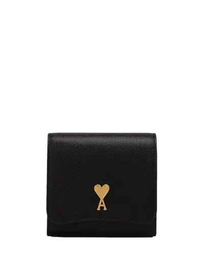 Ami Alexandre Mattiussi Ami Paris Paris Paris Compact Leather Wallet In Black/vibrated Brass