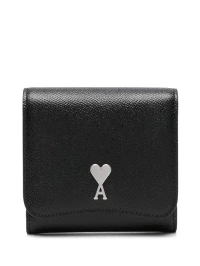 Ami Alexandre Mattiussi Ami Paris Paris Paris Leather Wallet In Noir/argent Vibre