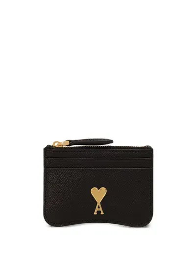 Ami Alexandre Mattiussi Ami Paris Paris Paris Zipped Card Holder In Black/vibrated Brass