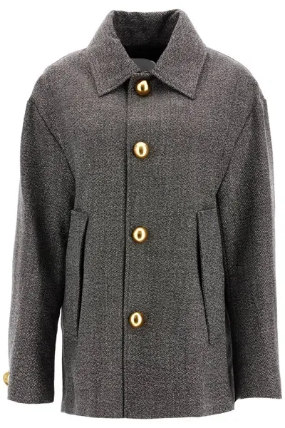 Ami Alexandre Mattiussi Ami Paris  Short Oversized Coat With Brown Weave In Wool Blend In Gray