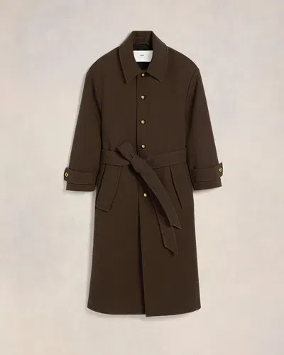 Ami Alexandre Mattiussi Belted Wool Coat In Dark Coffee