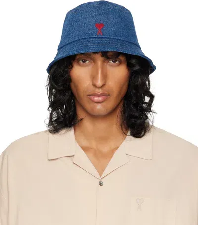 Ami Alexandre Mattiussi Blue Ami De Coeur Embroidery Bucket Hat In Used Blue/480