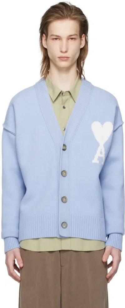 Ami Alexandre Mattiussi Logo-intarsia Virgin Wool Cardigan In Blue