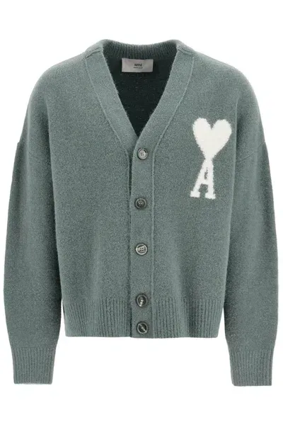 Ami Alexandre Mattiussi Sage Green Stretch Alpaca Blend Cardigan In Verde