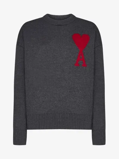 Ami Alexandre Mattiussi Logo Cashmere Sweater In Grey/red