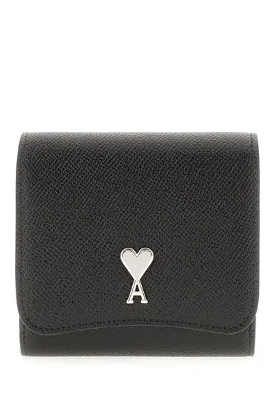 Ami Alexandre Mattiussi Logo Plaque Tri-fold Wallet In Noir/argent Vibre