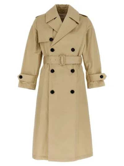 Ami Alexandre Mattiussi Long Satin Cotton Trench Coat In Cream