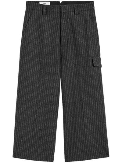 Ami Alexandre Mattiussi Military Bermuda Stripe Trousers In Dark Grey/  Off White