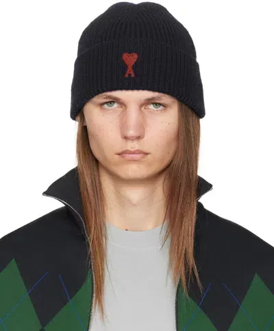 Ami Alexandre Mattiussi Navy Red Ami De Coeur Beanie In Navy/red/414