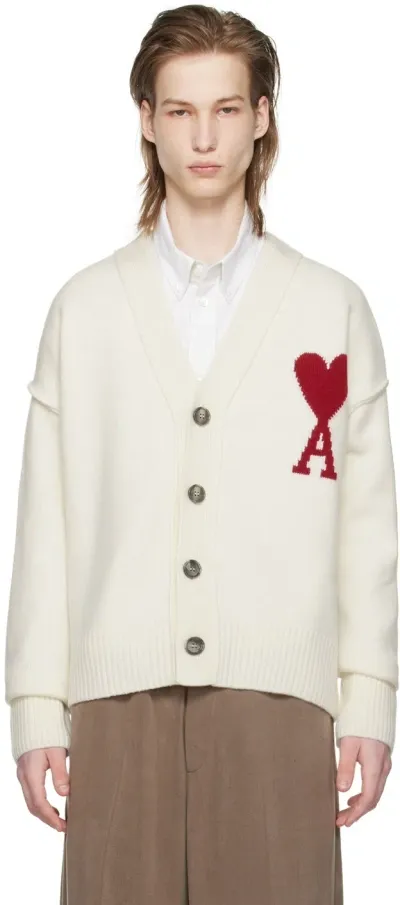 Ami Alexandre Mattiussi Off-white Ami De Cœur Cardigan In 154 Off-white/red