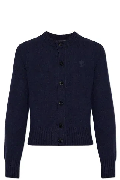 Ami Alexandre Mattiussi Paris De Coeur Logo Embroidered Knit Cardigan In Navy Blue