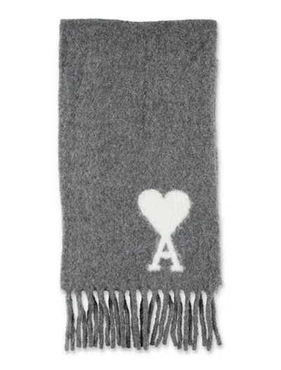 Ami Alexandre Mattiussi Paris Logo Detailed Fringed Scarf In Gris Fonce