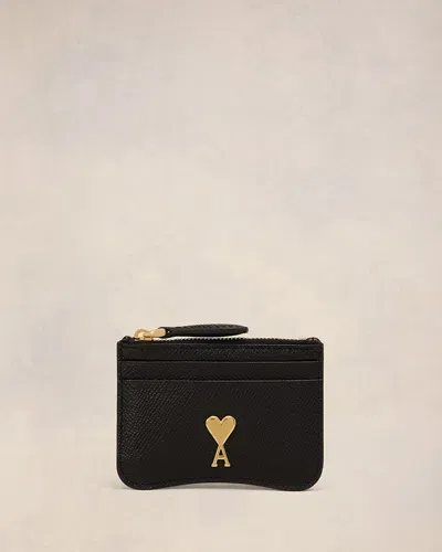 Ami Alexandre Mattiussi Paris Paris Zipped Card Holder Black Unisex In Black/vibrated Brass