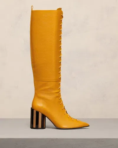 Ami Alexandre Mattiussi Pointed Toe Lace-up Knee High Boots Yellow In Mustard