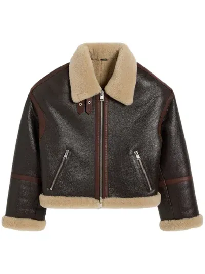 Ami Alexandre Mattiussi Shearling-collar Leather Jacket In Dark Coffee