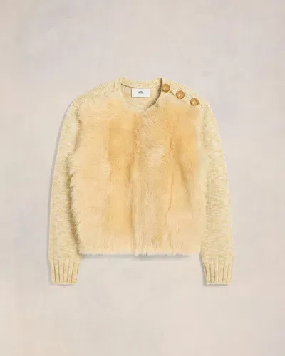 Ami Alexandre Mattiussi Shearling Crew Neck Sweater Beige In Light Sand/ Off White