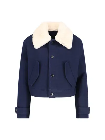 Ami Alexandre Mattiussi Shearling Crop Tech Jacket In Navy