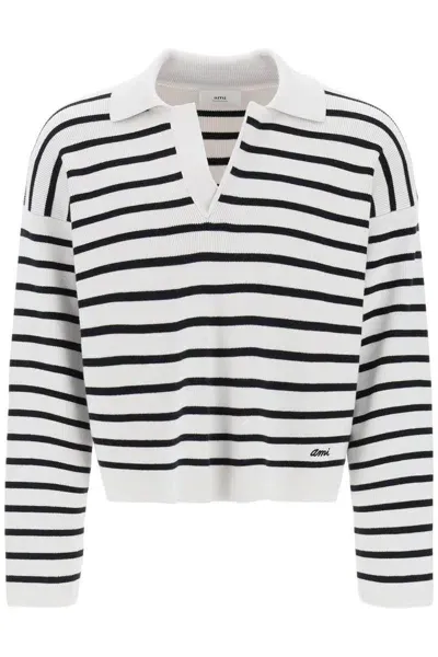 Ami Alexandre Mattiussi Striped V-neck Magic Pullover Sweater. In Grigio