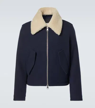 Ami Alexandre Mattiussi Shearling Collar Wool Bomber Jacket In Blue