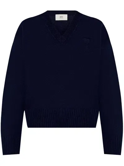 Ami Alexandre Mattiussi Wool-cashmere V-neck Jumper In Blue