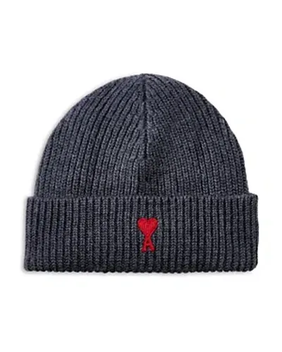 Ami Alexandre Mattiussi Wool Red Adc Embroidered Beanie In Heather Grey/ Red