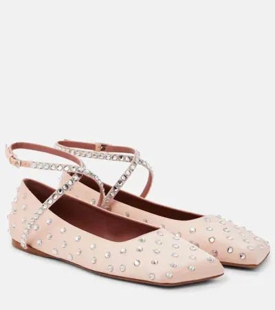 Amina Muaddi Ane Crystal-embellished Satin Ballet Flats In Pink