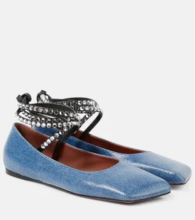 Amina Muaddi Ane Embellished Denim Ballet Flats In Blau