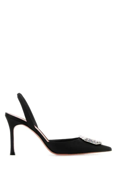 Amina Muaddi Black Satin Camelia Pumps