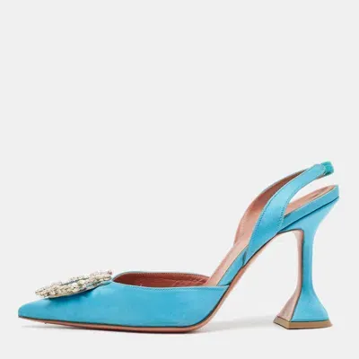 Pre-owned Amina Muaddi Blue Satin Begum Slingback Sandals Size 38.5