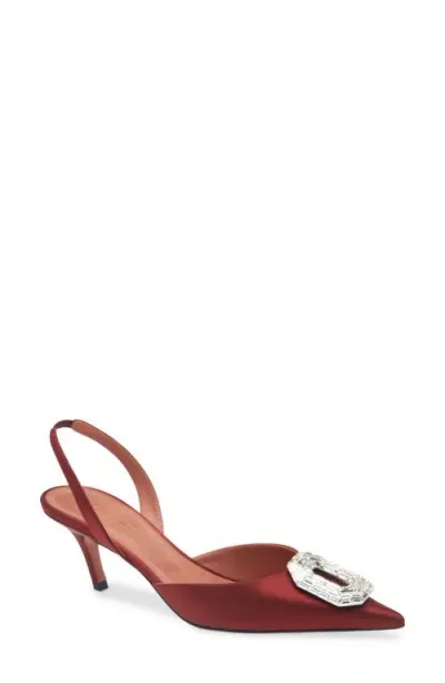 Amina Muaddi Camelia Crystal Buckle Slingback Pump In Satin Wine White Buckle