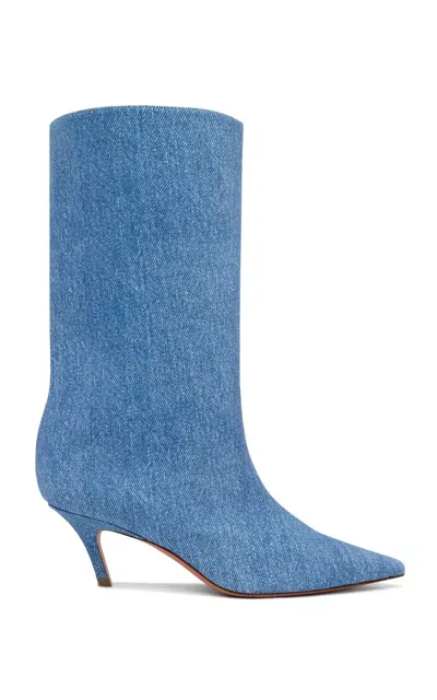 Amina Muaddi Fiona Denim-printed Suede Boots In Blue