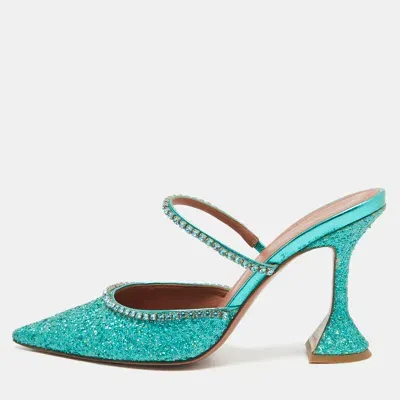 Pre-owned Amina Muaddi Teal Green Glitter Crystal Embellished Mules Size 38.5