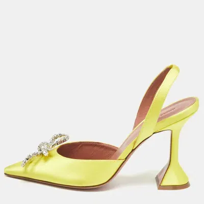 Pre-owned Amina Muaddi Yellow Satin Crystal Embellished Pointed Toe Slingback Pumps Size 36.5