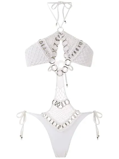 Amir Slama Embellished Crochet One-piece In Weiss