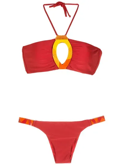 Amir Slama Embroidered Fibreglass Bikini Set In Red