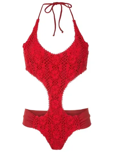 Amir Slama Floral-lace Detail Halterneck Swimsuit In Red