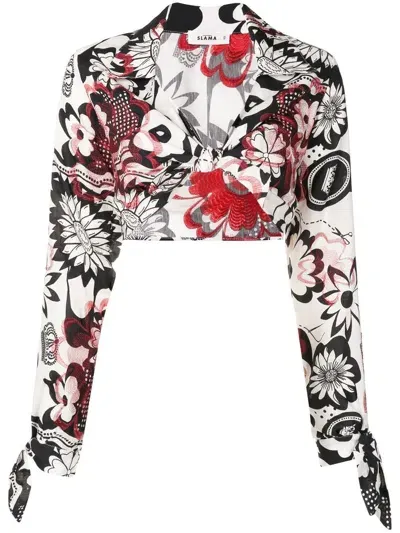 Amir Slama Floral-print Cropped Blouse In Black